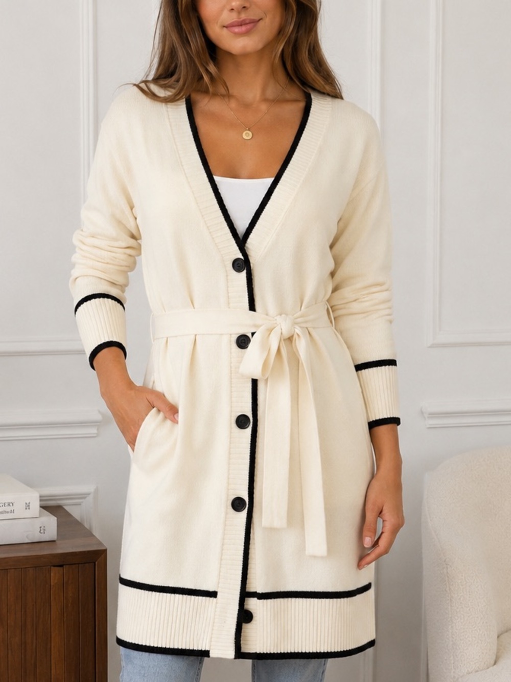 Calligraphie Cream Black Trim Belted Long Cardigan Sweater Medium Preppy Chic